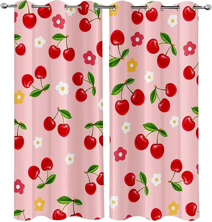 LUVIVIHOME Cherry Curtains, Cute Blackout Curtains, Girly Kids Girls Bedroom Decor, Pink Curtains for Living Room, Grommet Window Drapes 2 Panel Sets, 52x84 Inch
