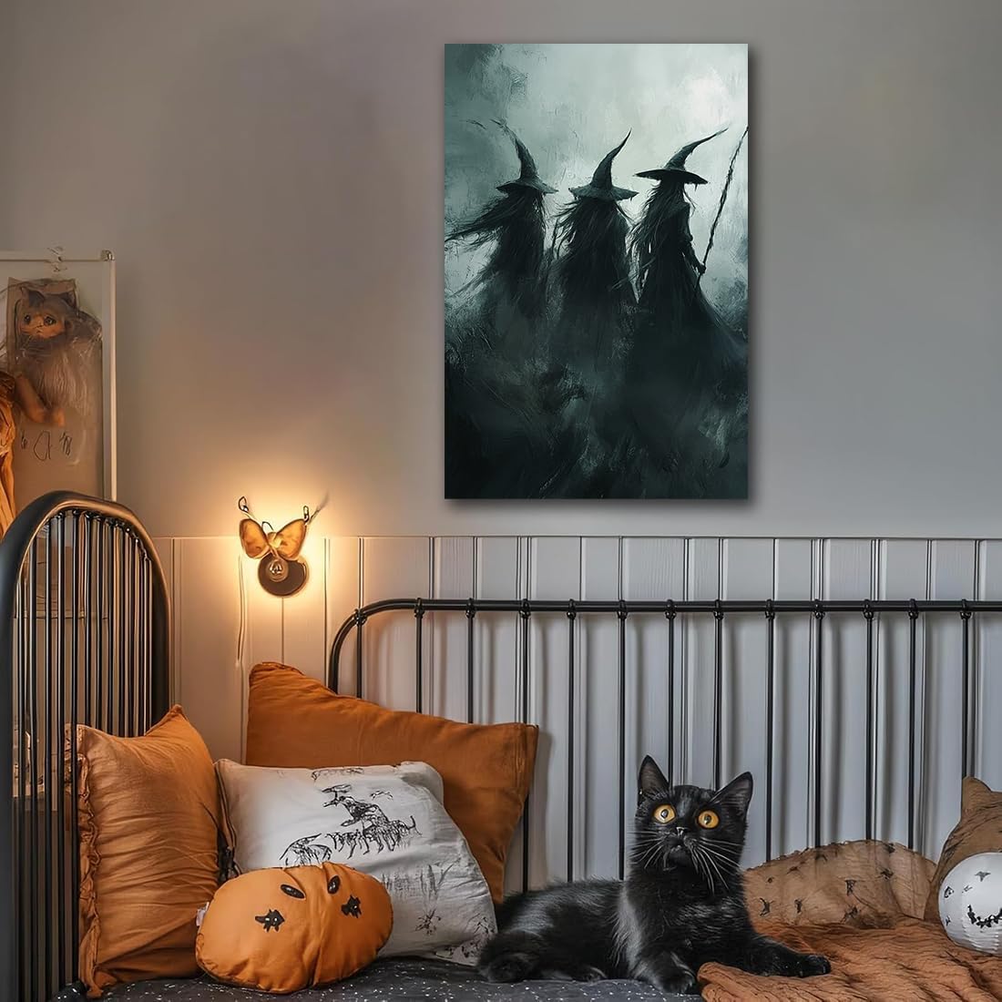 Gothic Witchs Horror Halloween Wall Art,Three Witches in Moody Forest Painting Wall Decor,Autumn Spooky Witches Forest Canvas Printing For Gallery Living Room Bedroom,8"x12" Framed