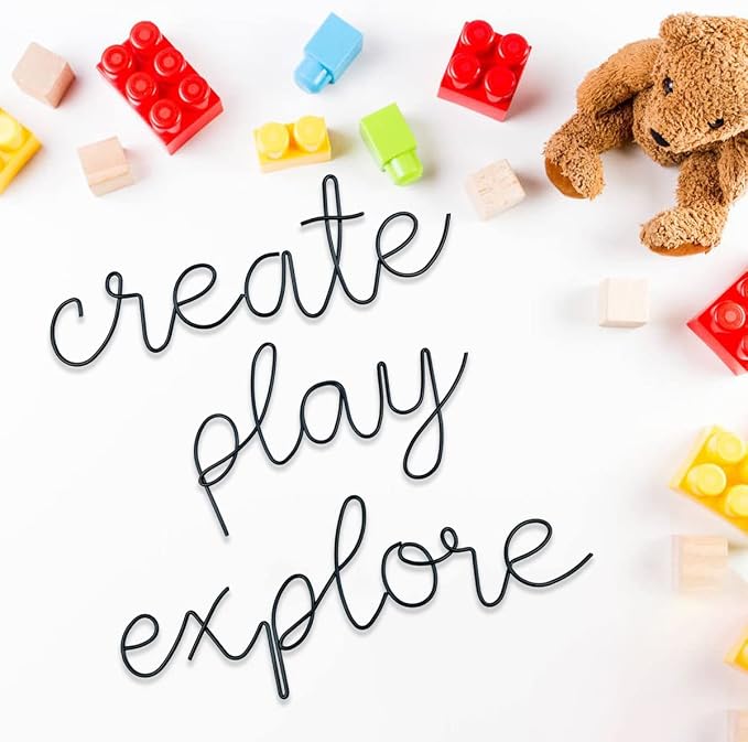 KRSHEMDE Playroom Wall Decor Metal Play Explore Create Inspirational Wall Art Nursery Room Decor for Kids Toddlers Boys Girls Classroom Bedroom Reading Nook Positive Quotes Wall Decoration
