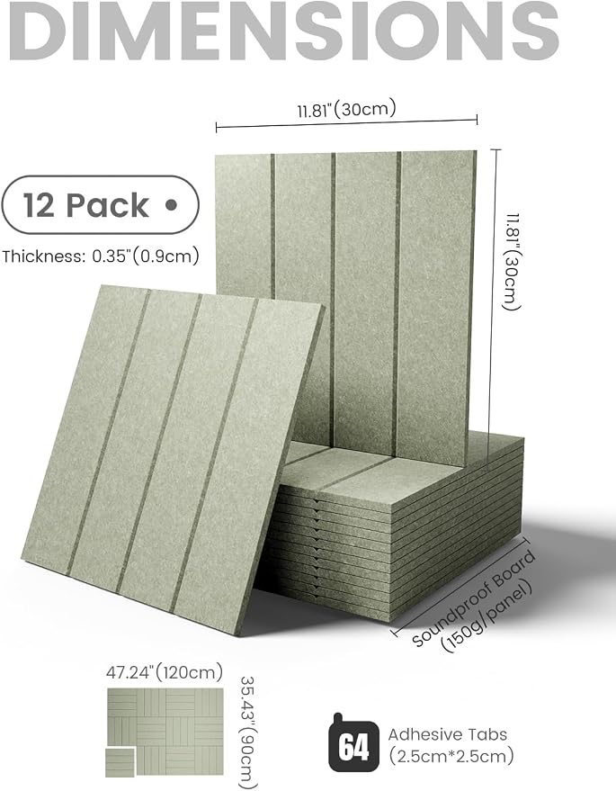 Fluxynara Felt Bulletin Board Tiles Large 48" x 36" Cork Board Alternative-12 Pack with 64 Adhesive Tabs, Thick Slat Wall Panels for Office Decor, Push Pin Board Wall Organizer Alternative-Sage Green
