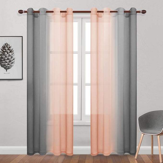 DWCN Ombre Sheer Curtains - Faux Linen Semi Voile Grommet Top Gradient Curtains for Bedroom and Living Room, Set of 2 Window Curtain Panels, 52 x 84 Inch Length（Grey and Pink