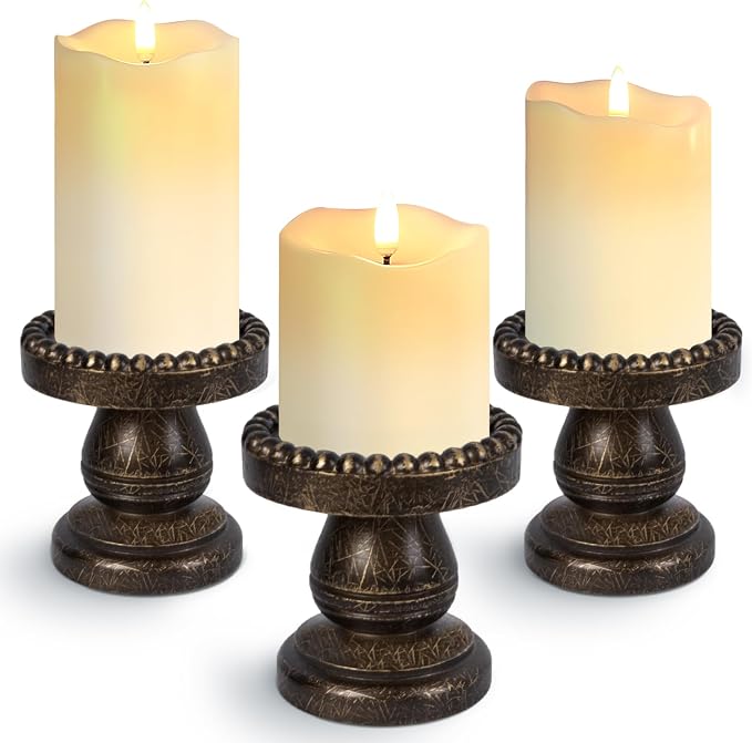 Small Candle Holder for Pillar Candle Set of 3, Farmhouse Wood Candle Holder, Rustic Wooden Candle Stand, Vintage Candle Stand Decorative for Living Room, Table Centerpiece, Black Gold
