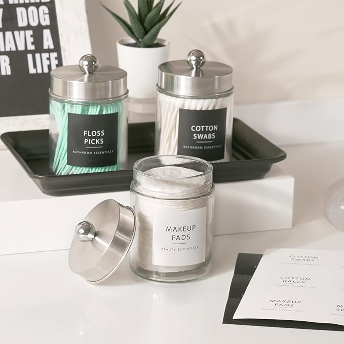 SheeChung Qtip Dispenser Holder 4pcs, Glass Apothecary Jars with Stainless Steel Lids &Stickers Farmhouse Decor Metal Wire Bathroom Storage Organizer Basket Bins - for Cabinets, Shelves