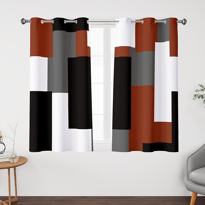 Tyrot Burnt Orange 100% Blackout Curtains for Bedroom 45 inch Length 2 Panels Set White Grey Modern Abstract Geometric Fall Black Out Curtains Insulated Room Darkening Small Window Curtains, 42Wx45L