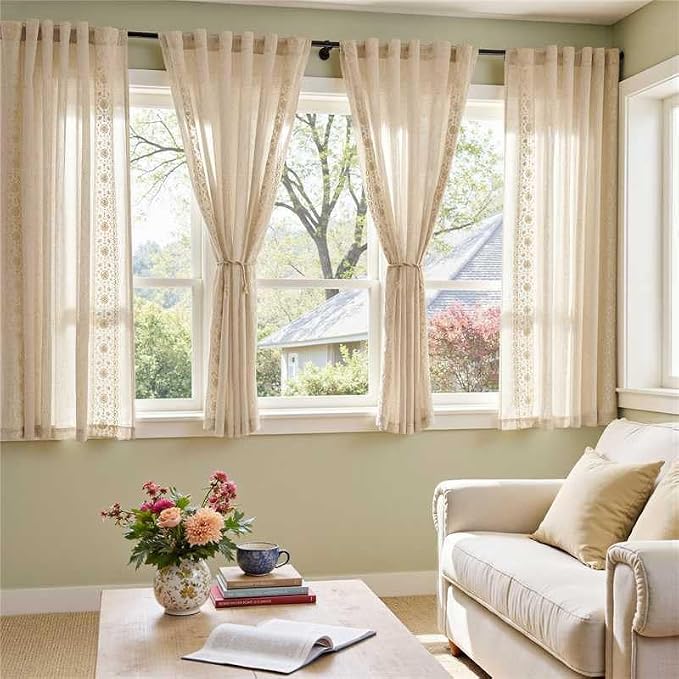 jinchan Weslie Boho Curtains for Bedroom Ivory Vintage Floral Farmhouse Curtains 63 Inch Length Linen Drapes for Living Room Embroidered Light Filtering Drapes Rod Pocket Ivory on Beige 2 Panels