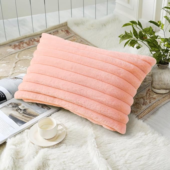 decorUhome Fall Cozy Faux Fur Throw Pillow Covers 12x20 Set of 2 Decorative Plush Striped Lumbar Modern Farmhouse Boho Couch Pillow Cases with Velvet Back for Sofa Bed Living Room, Blush Pink