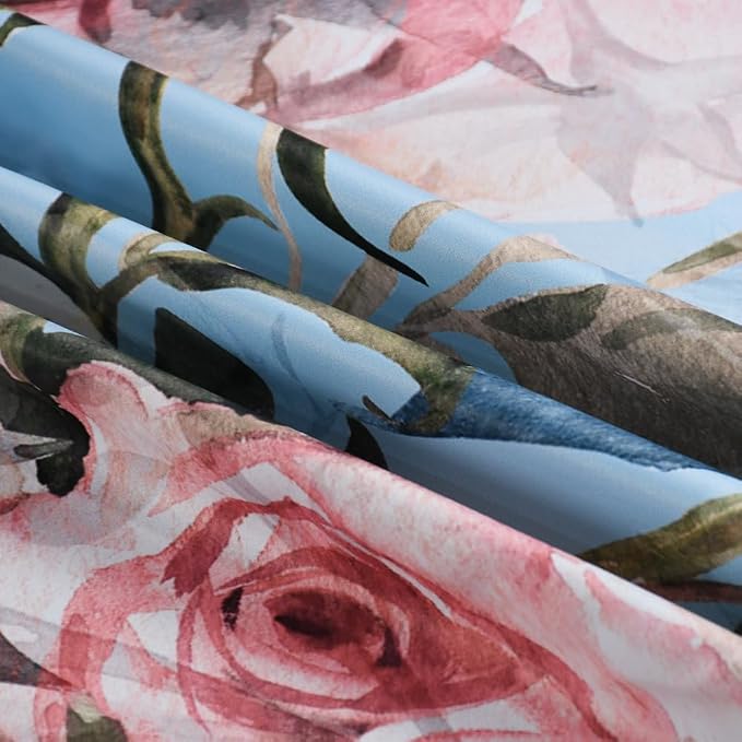 Renaiss Blue Rose Floral Blackout Curtains, Light Blue Watercolor Flowers Blossom Bedroom Window Curtains, Vintage Grommet Window Drapes for Living Room 53W x 63L 2 Panels Set
