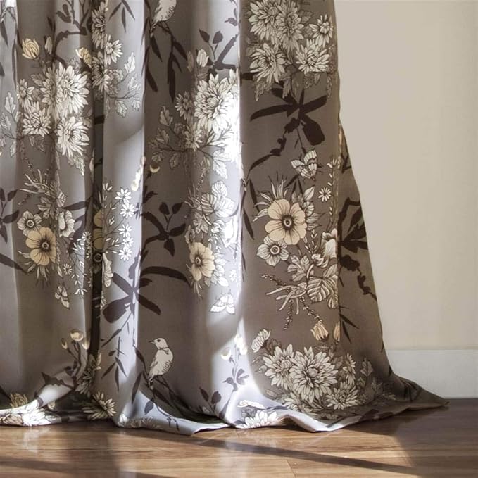 Lush Decor Botanical Garden Curtains Floral Bird Print Light Filtering Window Panel Drapes Set for Living, Dining, Bedroom (Pair), Gray, 52"W x 95L"