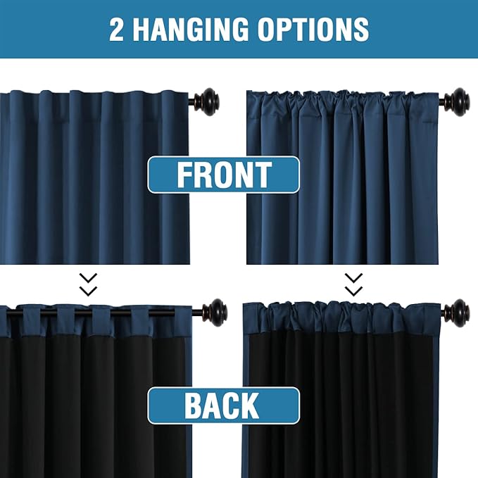 H.VERSAILTEX 100% Blackout Curtains for Bedroom with Black Liner Full Room Darkening Curtains Thermal Insulated Back Tab/Rod Pocket Window Drapes for Living Room, 2 Panels, 42 x 63 Inch, Navy