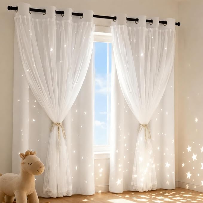 Star Cutout Curtains for Girl Bedroom/Living Room/Classroom,2 Free Tiebacks Sheer Overlay 63 Inches 2 Panel Set, Double Layer Curtains for Kids Room(W52 x L63 Inches,Greyish White 2 Pcs)