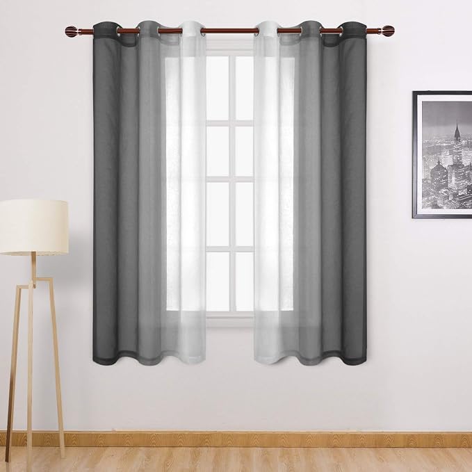 DWCN Black Faux Linen Ombre Sheer Curtains - Gradient Semi Voile Grommet Top Bedroom and Living Room Curtains, Set of 2 Window Curtain Panels, 42 x 63 Inch Length