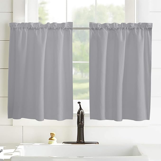 45 Inch Long Tier Curtains for Kitchen, Solid Color Gray Bathroom Window Curtains Rod Pocket Short Curtains Window Treatment Tiers for Living Room Farmhouse 2 Panels