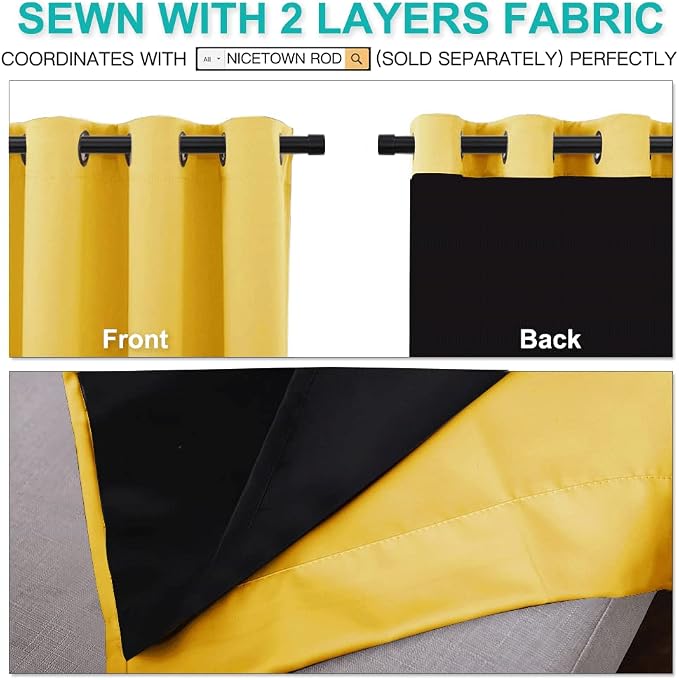 NICETOWN Blackout Window Curtain Panels, Heat and Cold Blocking Drapes for Nursery, 84 inches Drop Thermal Insulated Draperies for Patio Sliding Glass Door (Bright Yellow, 2 Pieces, 52 inches Wide)