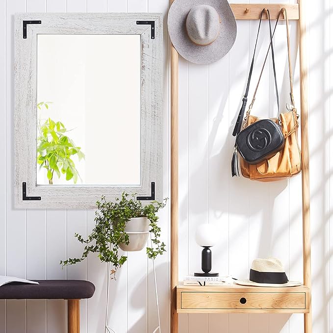 YOSHOOT Rustic Wooden Framed Wall Mirror, Natural Wood Bathroom Vanity Mirror for Farmhouse Decor, Vertical or Horizontal Hanging (26" x 18", White Grey)