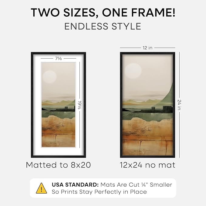 Homeforia 12x24 Black Wood Picture Frame, High End Oak 12x24 Poster Frames with Mat 8x20 Photo, 12 x 24 Black Wooden Frames Matted to 8 by 20, 24x12 Panoramic Frame, Tempered Glass, Wall Kit, Set of 1