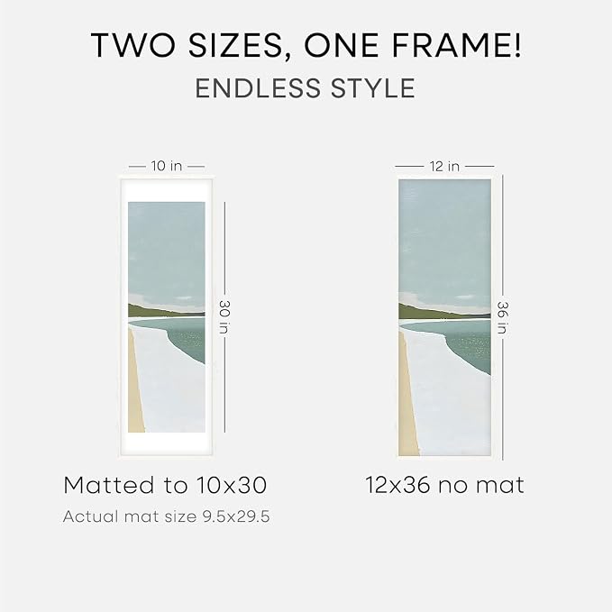 Homeforia 12x36 White Picture Frame, High End Oak 12x36 Wood Poster Frames with Mat 10x30 Art, 12 x 36 White Wooden Frames Matted to 10 by 30, 36x12 Panoramic Frame, Tempered Glass, Wall Kit, Set of 1