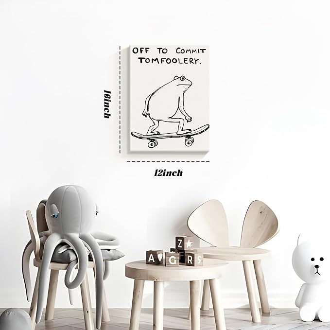 Funny Frog Wall Art Funky Skateboard Frog Prints for Wall Decor 12x16 Inch | Cool Posters, Unique Paintings for Kids Room, Minimalist Funny Animal Artwork - Teen Boy Walls