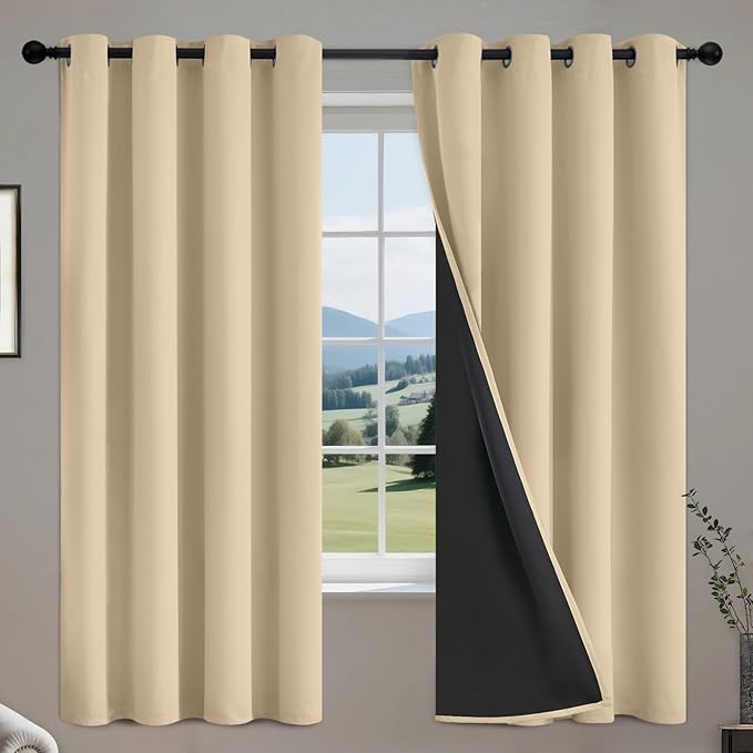 COSVIYA 100% Beige Blackout Curtains for Bedroom Kids Room 63 Inches Length 2 Panels Set, Full Light Blocking Thermal Insulated Grommet Nursery Window Treatment Drapes with Black Liner,W52 x L63