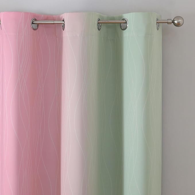 Estelar Textiler Pink and Sage Green Ombre Blackout Curtains 45 Inch Length 2 Panels, Full Room Darkening Gradient Drapes for Bedroom, Thermal Insulated Grommet Short Curtains for Bathroom, 42Wx45L