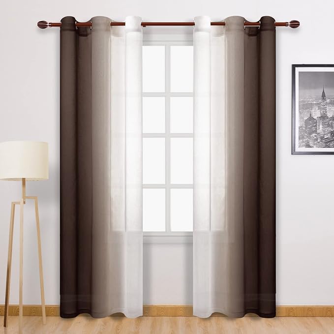 DWCN Brown Faux Linen Ombre Sheer Curtains - Gradient Semi Voile Curtains for Bedroom and Living Room, Set of 2 Grommet Top Window Curtain Panels, 42 x 84 Inches Long, Chocolate Brown