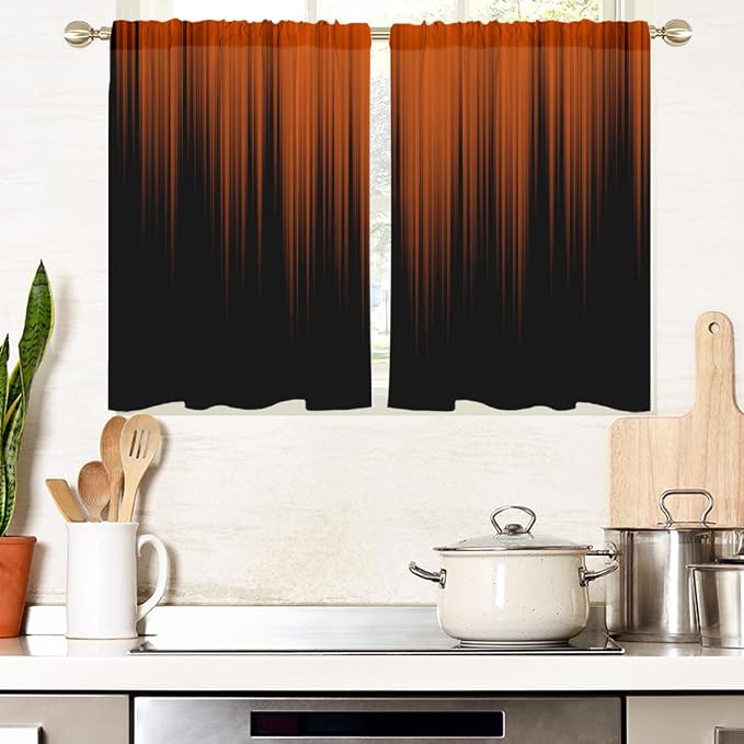 AAtter Orange and Black Kitchen Curtains, Ombre 27.5" W x 39" L, 2 Panels | Terracotta Modern Rod Pocket Drapes, Dark Abstract Striped Style, Trendy Anime Design, Small Short Bathroom Window Tiers