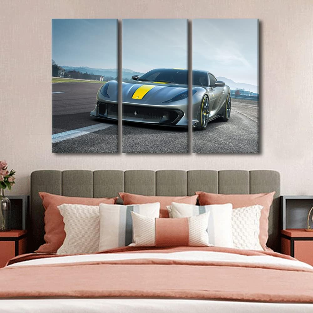 Gray Sports Car Pictures for Living Room Supercar on the Runway Wall Art Prints on Canvas Speedy Car Painting Modern Artwork Wall Decor for Boys Bedroom Office Bathroom Decor Ready to Hang, 42"Wx28"H