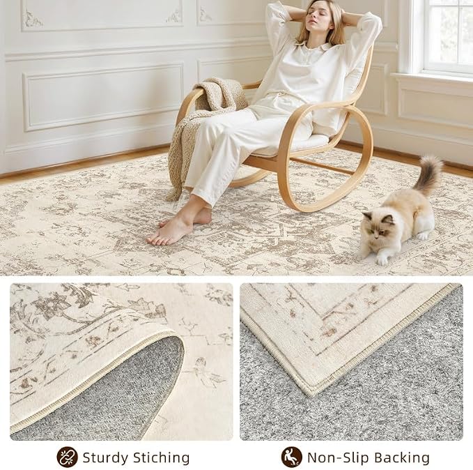 Round Area Rug for Living Room: 6ft Vintage Boho Neutral Washable Circle Rug Soft Large Circular Carpet for Bedroom Nursery Farmhouse Dining Room Office Floor Non-Slip Low Pile Under Table Beige/Ivory