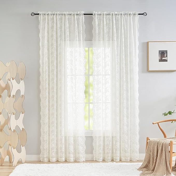 YJ YANJUN Vintage Lace Curtains 96 Inches Long- Victorian Floral Pattern Ivory Sheer Curtain Panels for Living Room, French Country Shabby Chic Light Filtering Drapes, 2 Panels 52W x 96L Cream