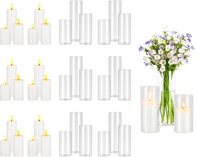 VEVOR Pillar Candles and Glass Vases Set 36 Pcs, Clear Cylinder Hurricane Candle Holders for Wedding Centerpieces, Tall Vase for Table Decor, Wedding Party, Thanksgiving,White (2.56" x 4.7",5.9",7.9")