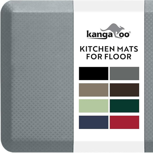 KANGAROO Anti Fatigue Mats for Kitchen Floor, Reduce Foot, Knee, Back Pressure, 3/4 Inch Thick Cushioned Ergonomic Mat, Waterproof Comfort Rug for Under Sinks, Standing Desk, Store Floors, 17x24, Grey