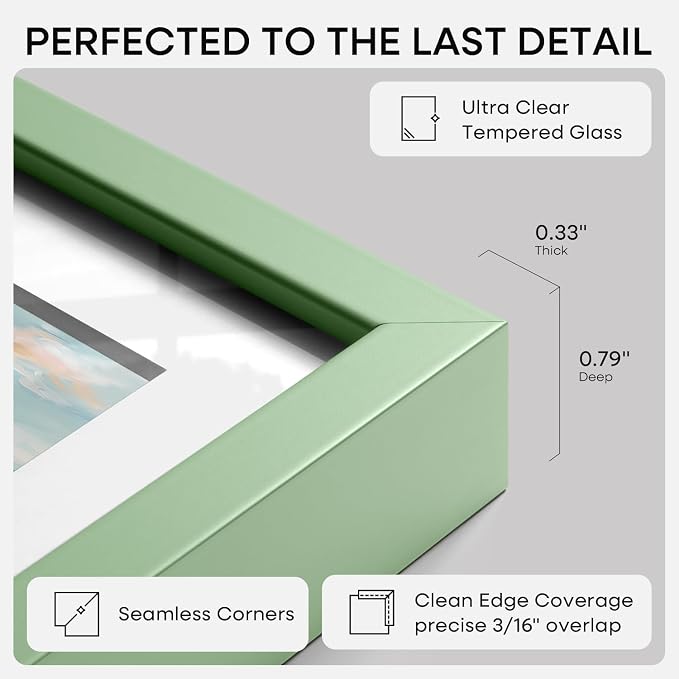Homeforia 8x24 Panoramic Frame Sage Green, High End Metal 8 x 24 Picture Frame without Mat, 24x8 Hanging Sage Green Poster Frame for Wall, 8by24 Display Photo Frame, Tempered Glass, Wall Kit, Set of 2