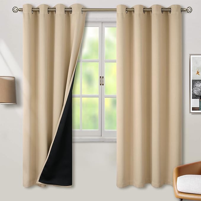 BGment Thermal Insulated 100% Blackout Curtains for Bedroom with Black Liner, Double Layer Full Room Darkening Noise Reducing Grommet Curtain (55 x 69 Inch, Beige, 2 Panels)