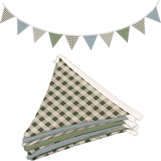 Boys Toddler Room Playroom Nursery Decor, Garland Triangle Banners Blue Grey, 11Ft Vintage Warm Neutral Plaid Design Pennant Banner Bunting Flags Fabric for Baby Shower Birthday Party