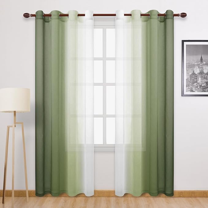DWCN Ombre Sheer Curtains - Extra Long Faux Linen Semi Voile Grommet Top Gradient Curtains for Bedroom and Living Room, Set of 2 Window Curtain Panels, 52 x 96 Inch Length, Light Olive Green