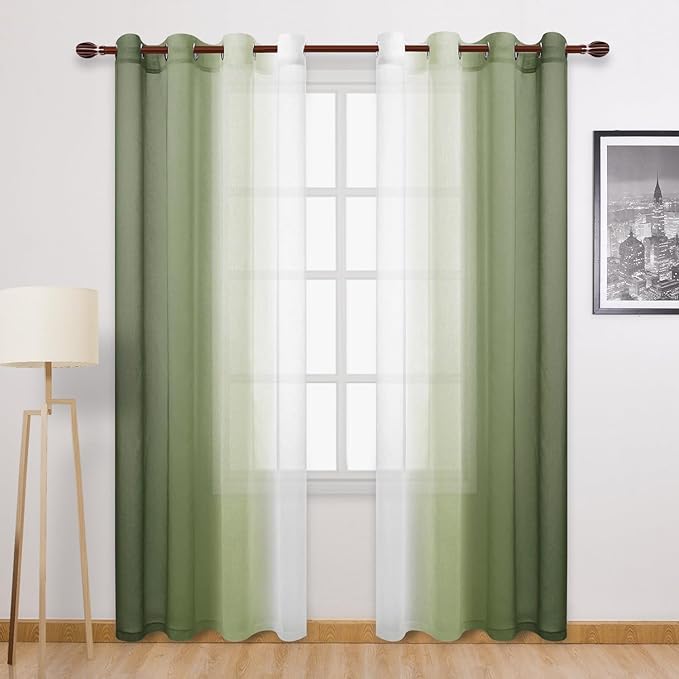 DWCN Ombre Sheer Curtains - 84 Inch Long Faux Linen Semi Voile Grommet Top Gradient Curtains for Bedroom and Living Room, Set of 2 Window Curtain Panels, 52 x 84 Inch Length, Light Olive Green