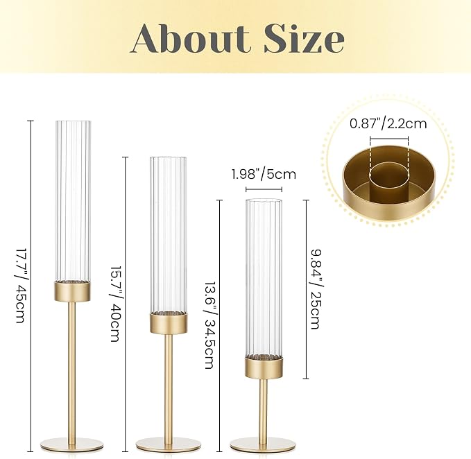 Hewory Gold Hurricane Candle Holder: 6PCS Candlestick Holders for Decor | Ribbed Glass, Brass Taper Candle Holders at 3 different heights, for Table Centerpiece Wedding Party Christmas Decorations