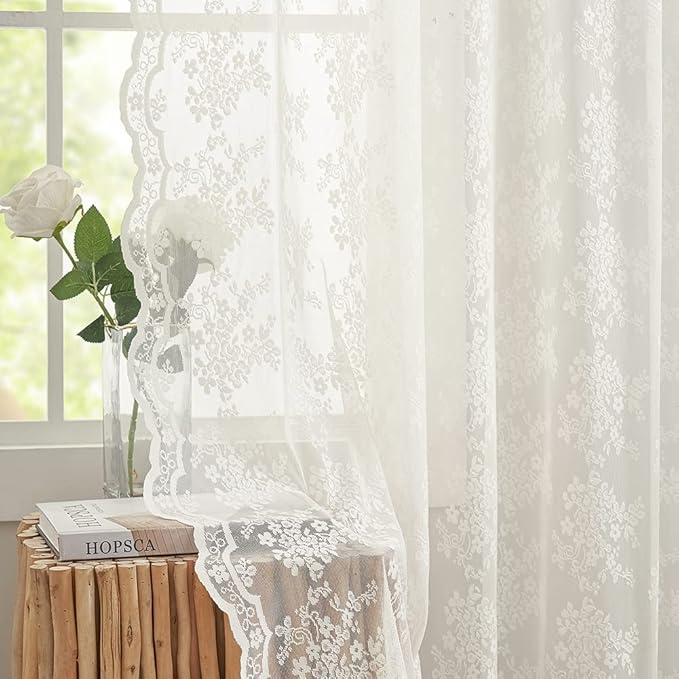 YJ YANJUN Vintage Lace Curtains 96 Inches Long- Victorian Floral Pattern Ivory Sheer Curtain Panels for Living Room, French Country Shabby Chic Light Filtering Drapes, 2 Panels 52W x 96L Cream