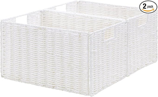 Vagusicc Wicker Storage Basket, Set of 2 Hand-Woven Paper Rope Wicker Basket, Small Storage Baskets for Organizing Toilet Paper Basket, Foldable Large Cube Storage Organizer Bins for Shelves (White)