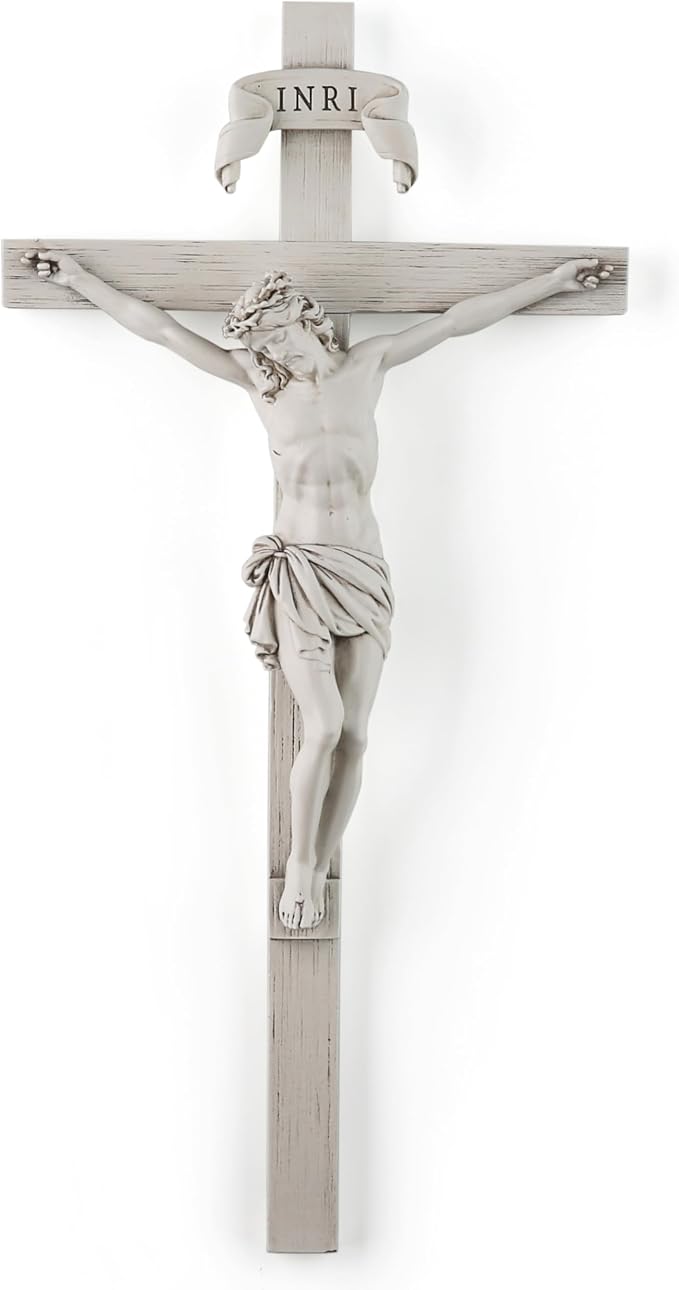 BC Catholic Crucifix Wall Cross, 10" H Jesus Christ Home Decor, Religious Gift, Wood Carved Look, Grey White Finish, Hand Painted by Buildclassic