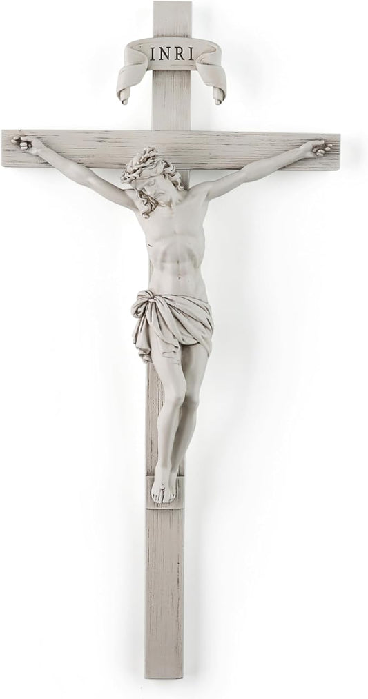 BC Catholic Crucifix Wall Cross, 10" H Jesus Christ Home Decor, Religious Gift, Wood Carved Look, Grey White Finish, Hand Painted by Buildclassic