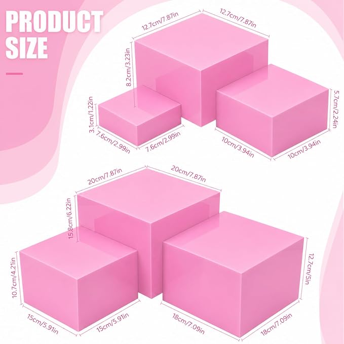 Geelin 6 Pack Acrylic Risers for Display Acrylic Cube Boxes Risers Display Stands with Hollow Bottoms Decorative Stand for Jewelry Candy Table Decor 6 Sizes(Pink,3 to 8 Inch,Square)