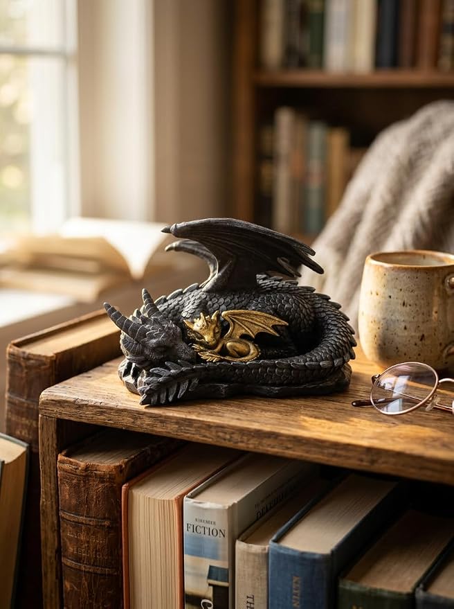 Stylor Black Dragon Statue Decor - Black & Golden Dragon Duo Figurine Bookshelf Decor, Hand-Painted Fantasy Gift for Bookish Book Lovers, Resin Mythical Sculpture Aesthetic Room Decoration
