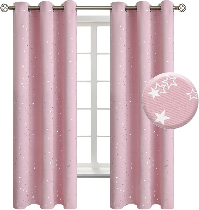 BGment Kids Blackout Curtains for Bedroom - Grommet Thermal Insulated Silver Star Print Room Darkening Curtains for Kids Room, Set of 2 Panels, 38 x 63 Inch, Baby Pink