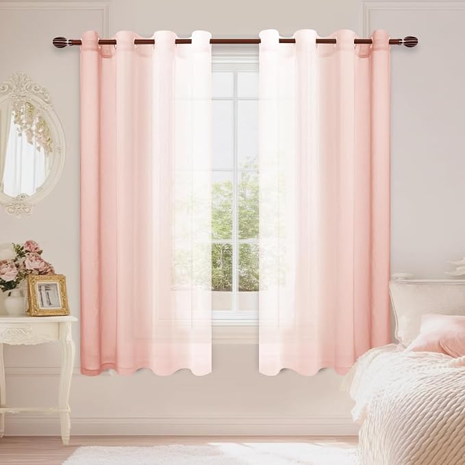 DWCN Ombre Sheer Curtains - Faux Linen Semi Voile Gradient Bedroom and Living Room Curtains, Set of 2 Grommet Top Window Drape Panels, 52 x 63 Inch Length, Blush