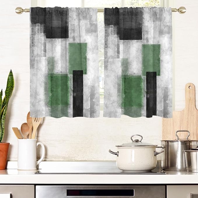AAtter Green Window Curtains for Kitchen Black Gray Grey Olive Modern Funky Small Short Home Living Room Bedroom Bathroom Rod Pocket Drapes Treatment Tiers Fabric 1 Pair, 27.5" W x 45" L, Geometric