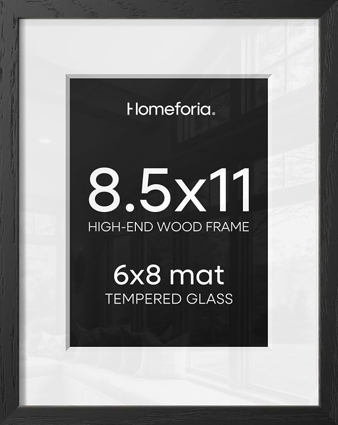 Homeforia 8.5x11 Picture Frame Black Wood, High End Oak 8.5 x 11 Frames with Mat 6 by 8 Print, 8.5by11 Wooden Frame Matted to 6x8 inch Photo, Wall or Tabletop Frame, Tempered Glass, Wall Kit, Set of 3