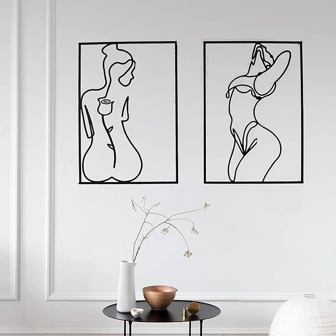 Glamativity Large 4 Pack Black Wall Art, Minimalist Single Line Art, Real Metal Wall Art, Woman's Body Shape Abstract Art (Black Classic Style, L Size 22.5 x 15.7'')