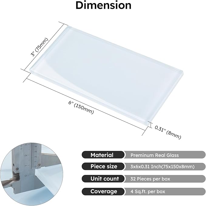 Diflart Light Blue Glass Subway Tile, 3x6 Inch, 4 Sq.Ft, Glass Backsplash Tile for Kitchen Shower Bathroom Wall, Pack-32 Pcs