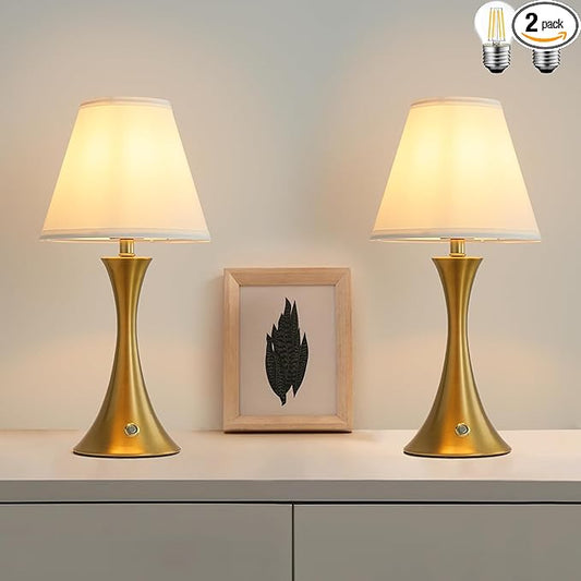 Set of 2 Gold Brass Wireless Lamp,18 inches Cordless Table Lamp with 8000mAh Battery,Modern and Elegant Rechargeable Table Lamp,Bulbs and Charging Cable Included