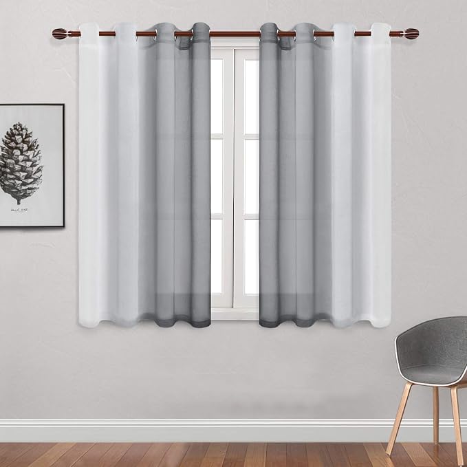 DWCN Grey Ombre Sheer Curtains - Faux Linen Semi Voile Grommet Top Gradient Curtains for Bedroom and Living Room, Set of 2 Window Curtain Panels, 52 x 54 Inch Length